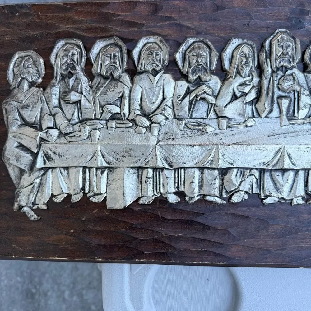 Vintage Last Supper Wood Carved Wall Art Panel Christian Chi Rho Decor